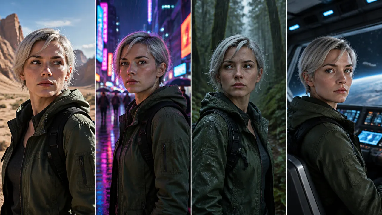 The same character in four different scenes