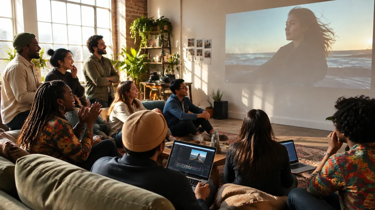 Creators watching a short film together
